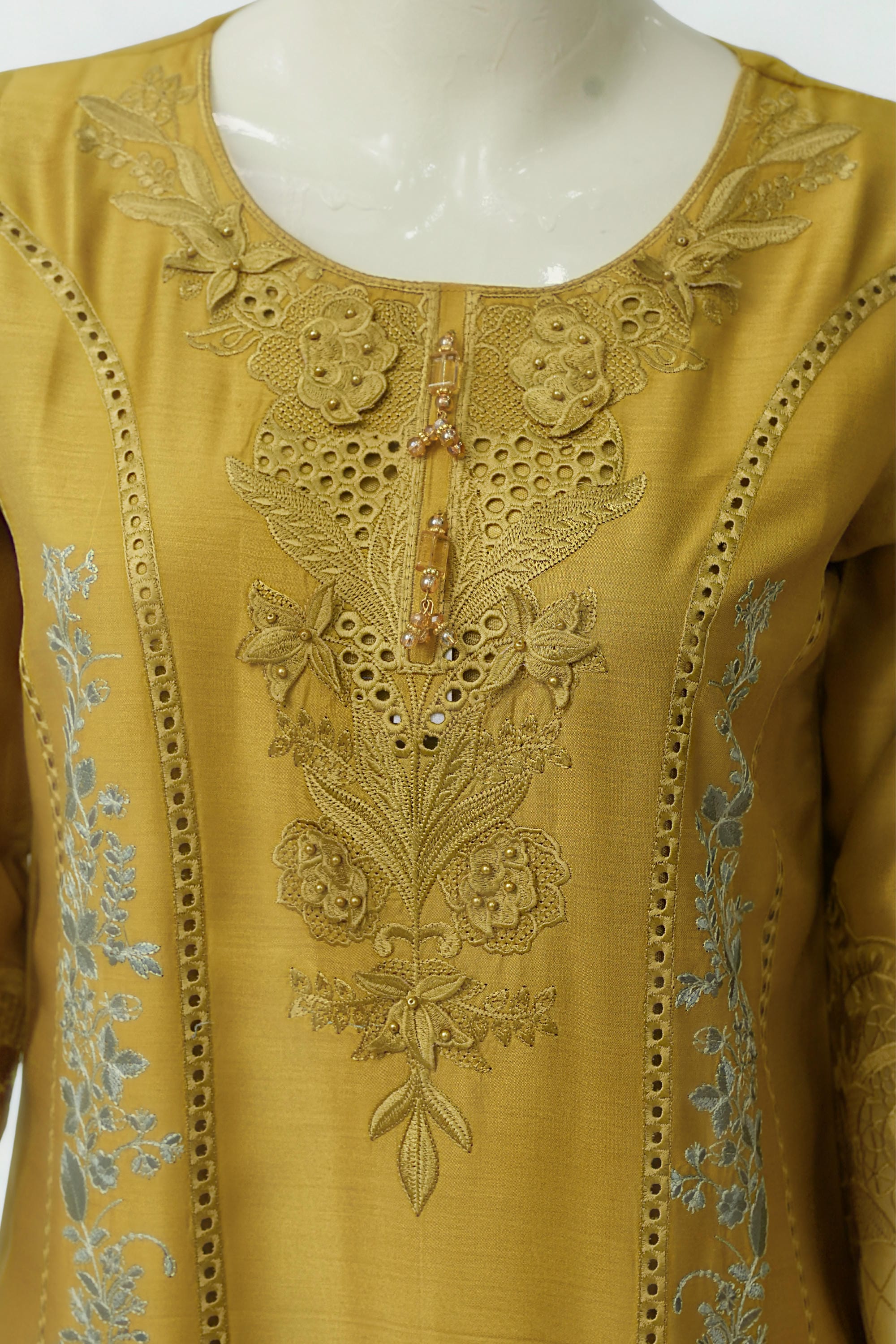 PL-339 | 3PCS Premium Embroidered Suit – Mustard