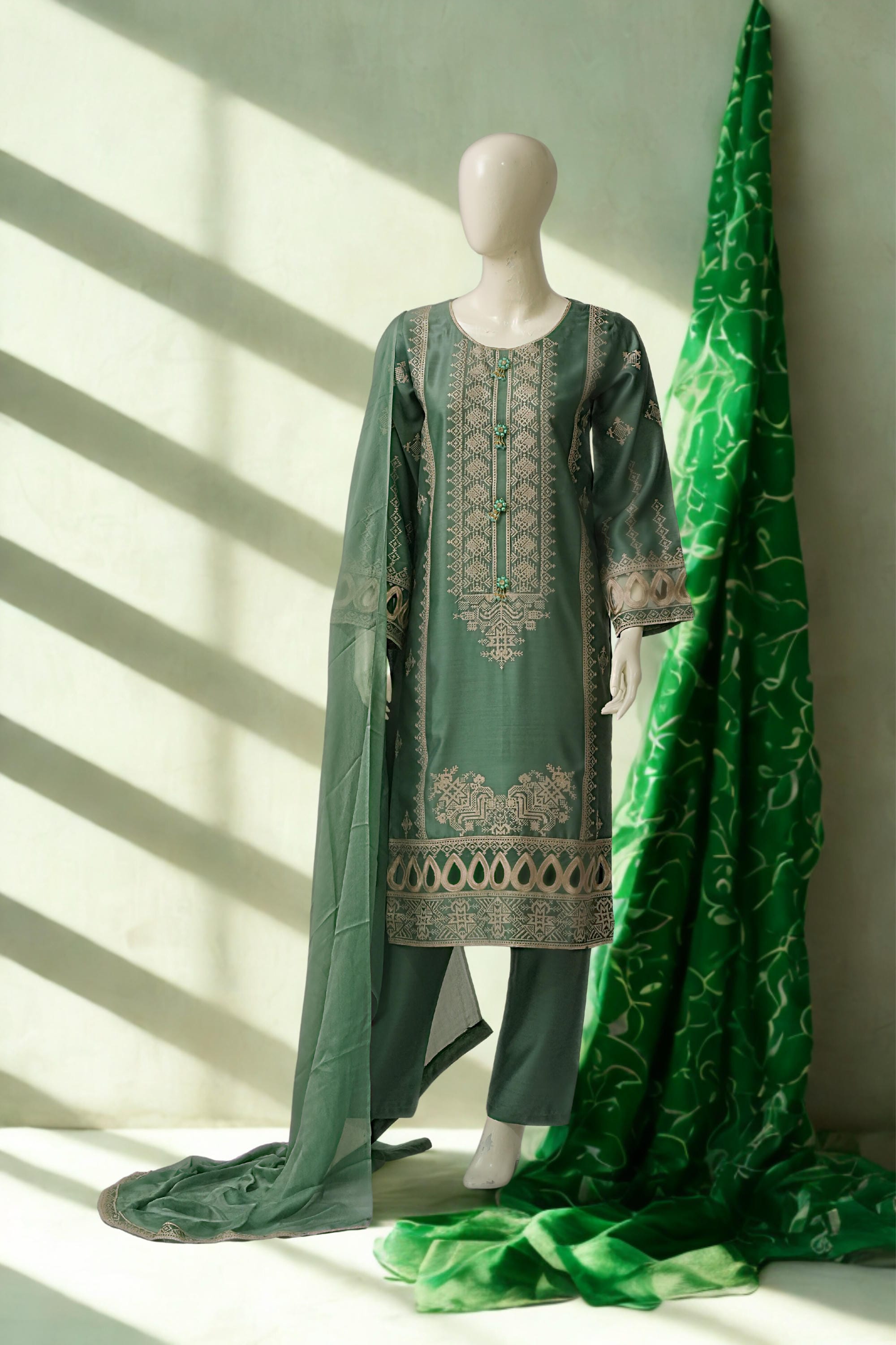 PL-344 | 3PCS Premium Embroidered Organza Suit – Pistachio