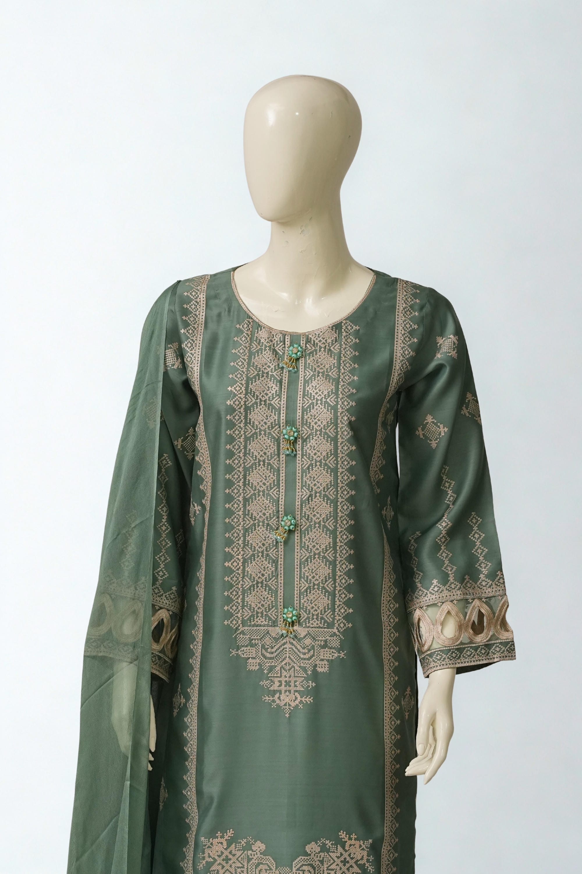 PL-344 | 3PCS Premium Embroidered Organza Suit – Pistachio
