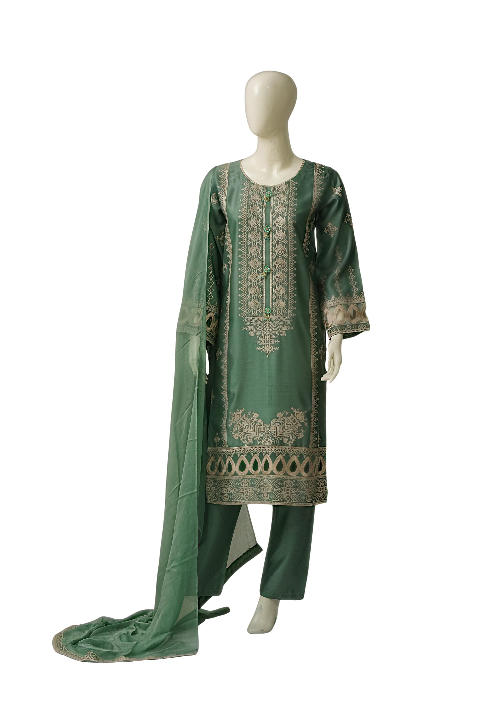 PL-344 | 3PCS Premium Embroidered Organza Suit – Pistachio
