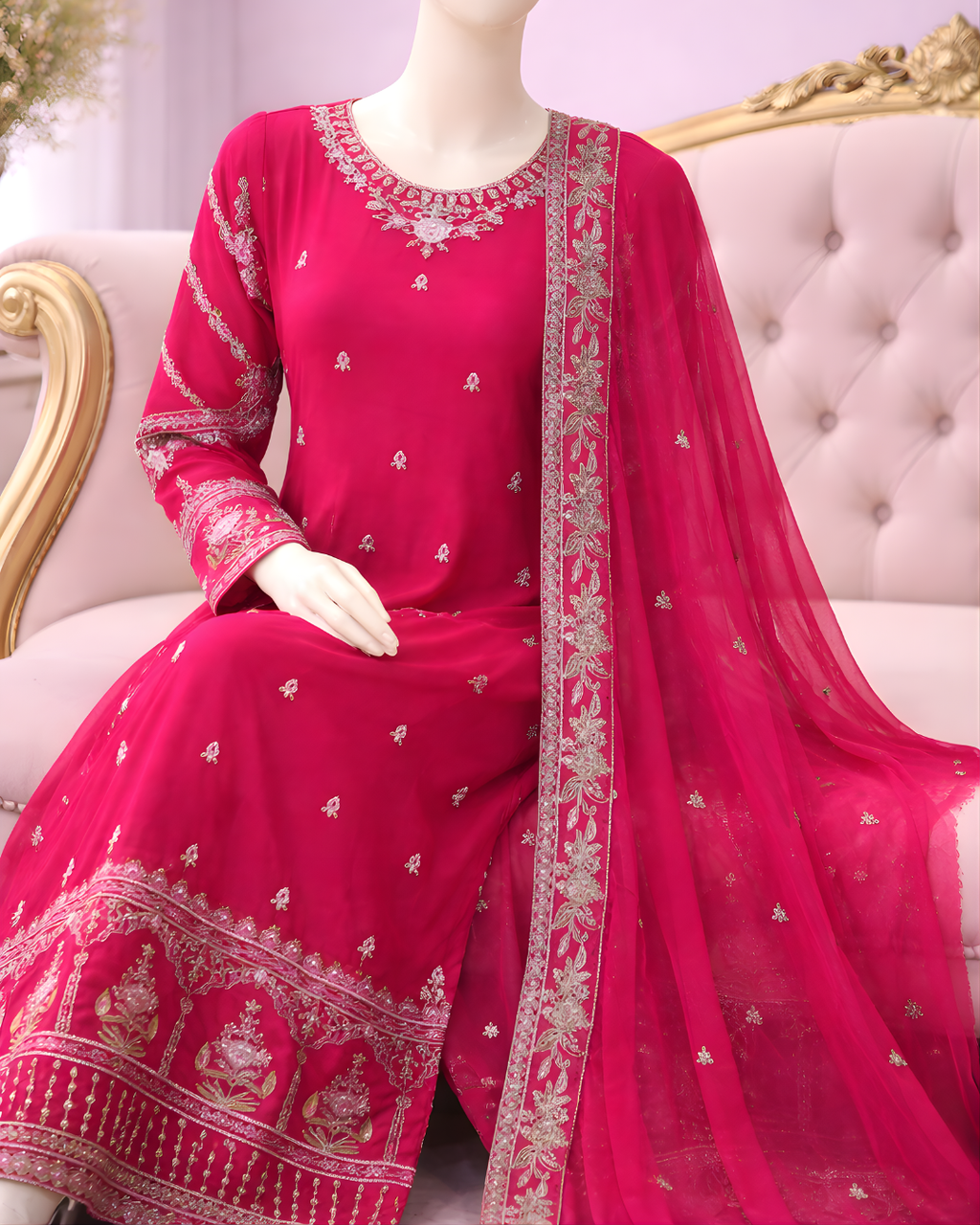 PL-001 | 3PCS Premium – Fancy Full Ghair Maxi with Shaffon Design – Pink