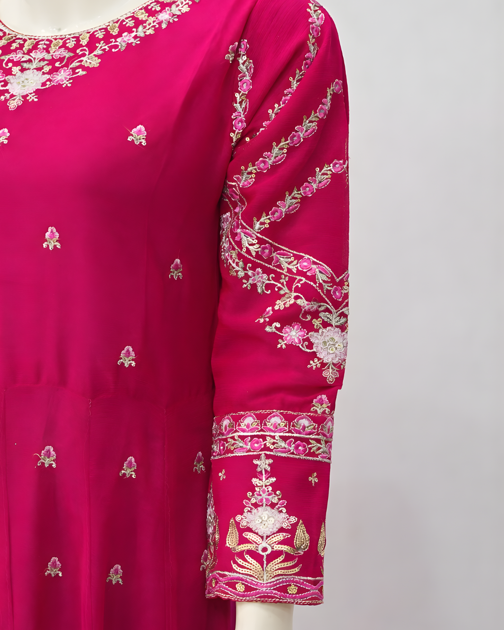 PL-001 | 3PCS Premium – Fancy Full Ghair Maxi with Shaffon Design – Pink
