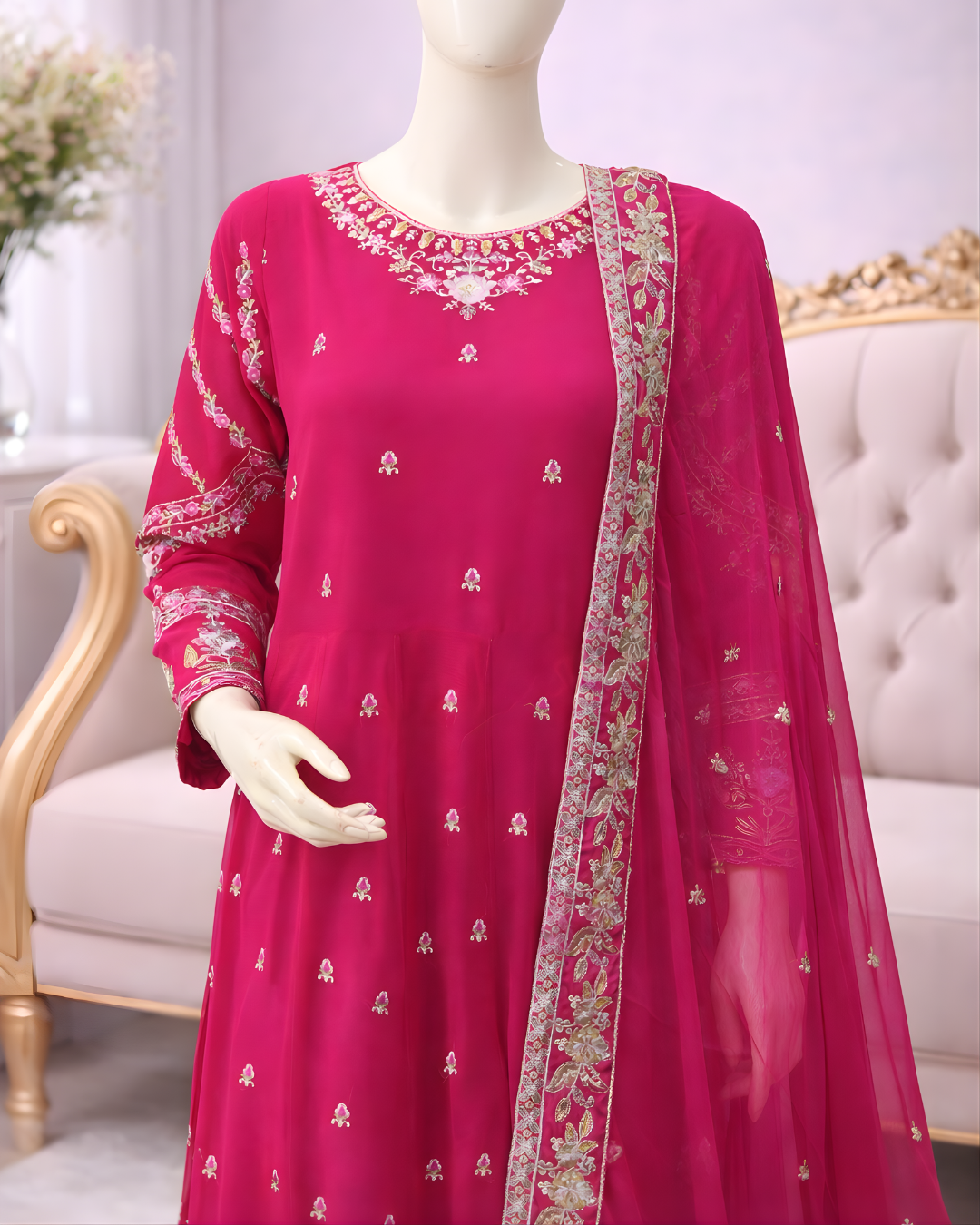 PL-001 | 3PCS Premium – Fancy Full Ghair Maxi with Shaffon Design – Pink